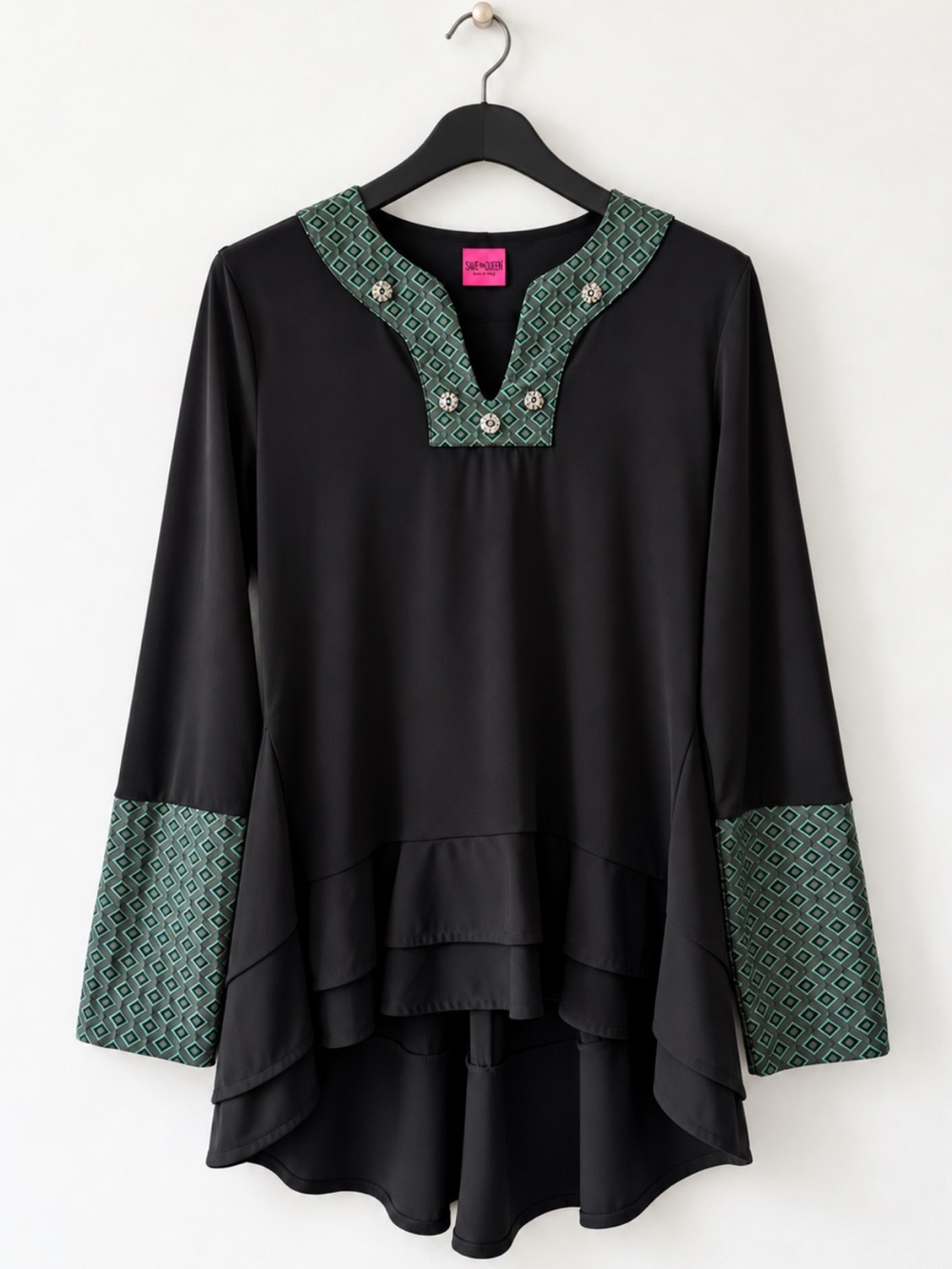 Vintage Y2K Save The Queen Black Geometric Trim Ruffle Tunic Made in Italy L